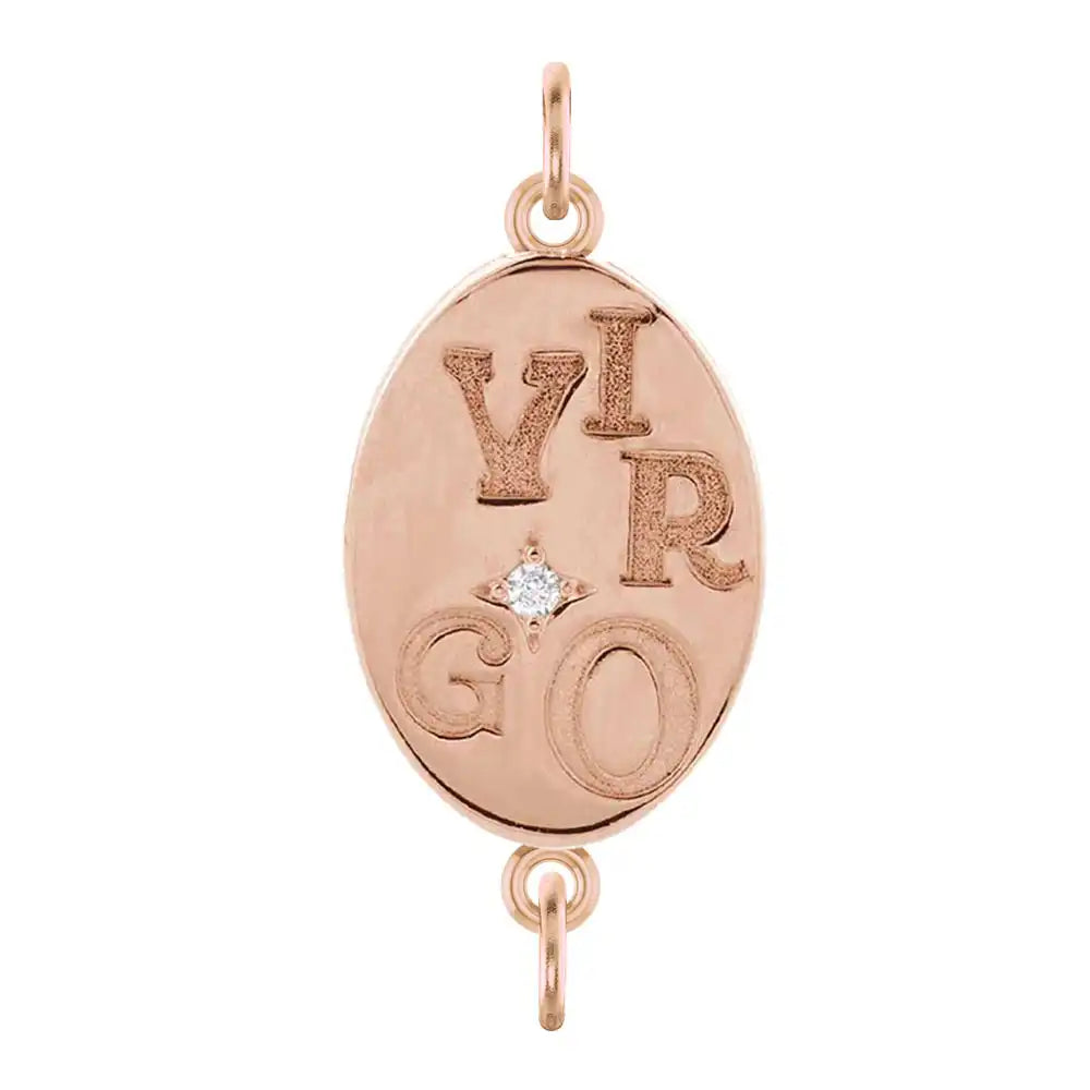 Handmade Virgo engraved zodiac charm link in 14K rose gold with diamond accent