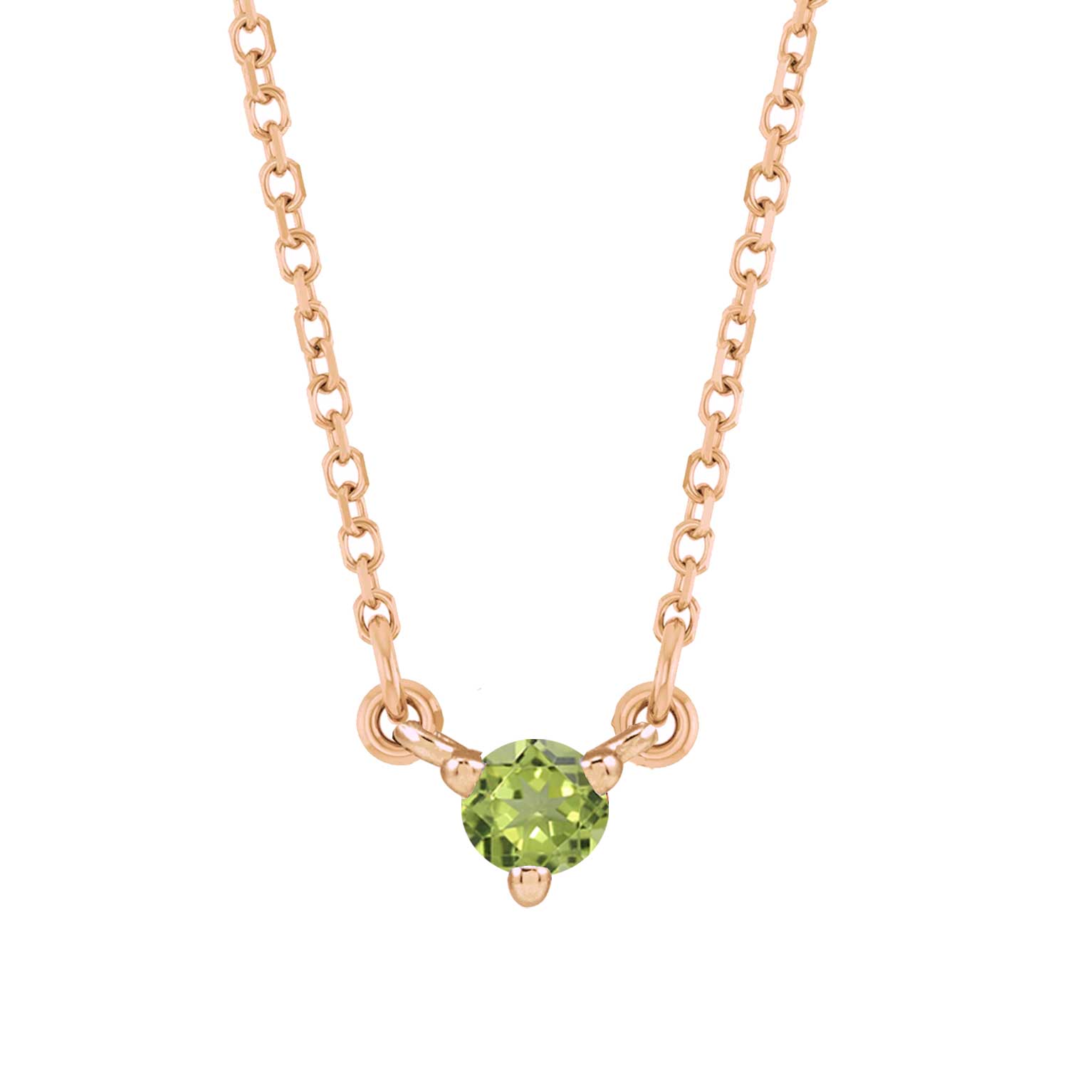 Tiny birthstone pendant in 14K rose gold with a faceted peridot center for subtle sparkle.