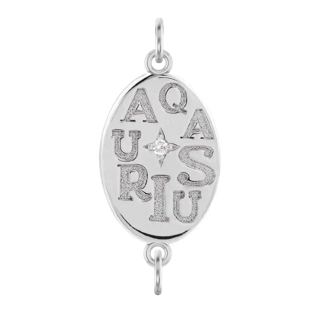 Handmade Aquarius engraved zodiac charm link in 14K white gold with diamond accent