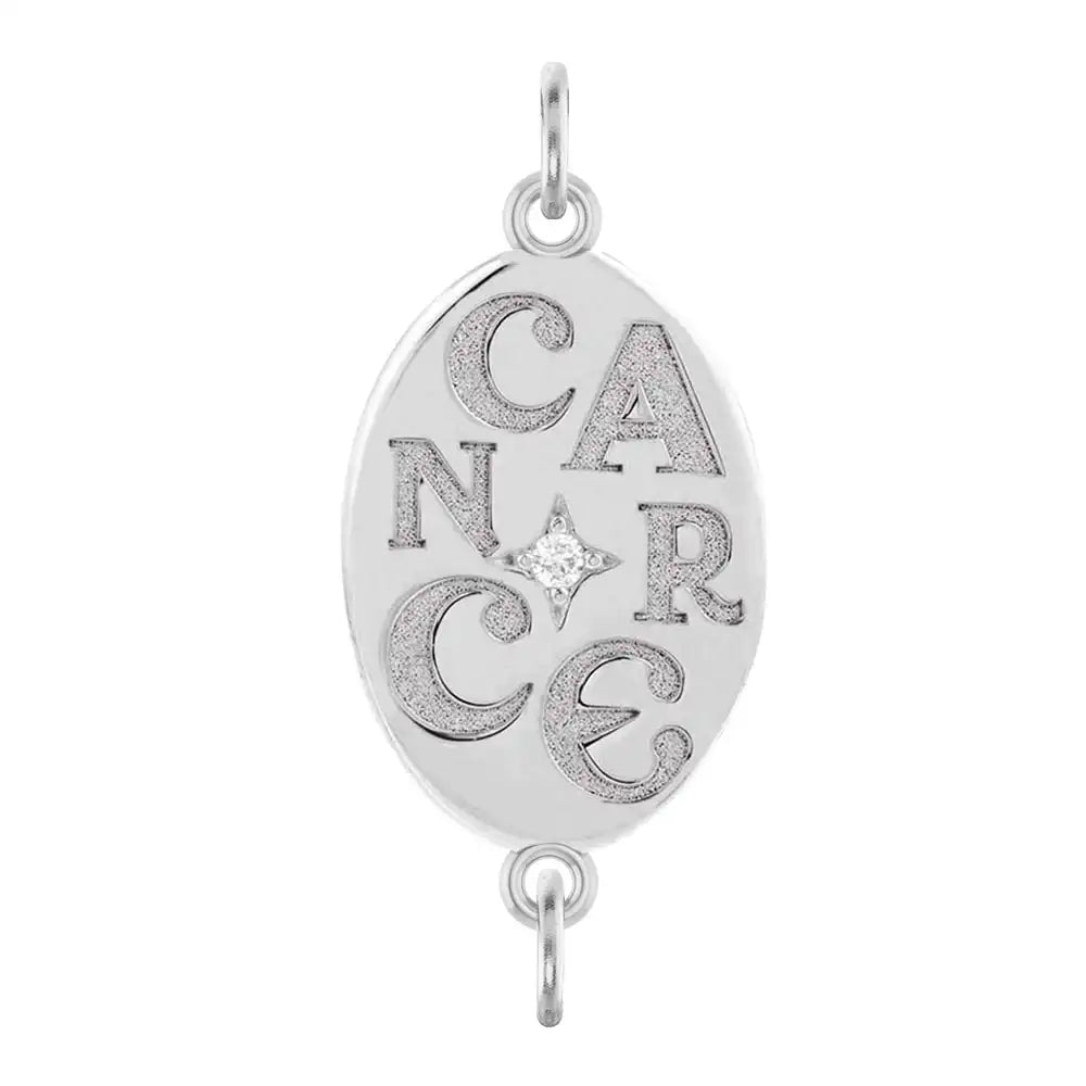 Handmade Cancer engraved zodiac charm link in 14K white gold with diamond accent
