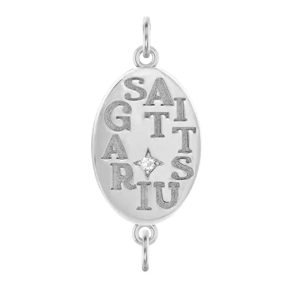 Handmade Sagittarius engraved zodiac charm link in 14K white gold with diamond accent