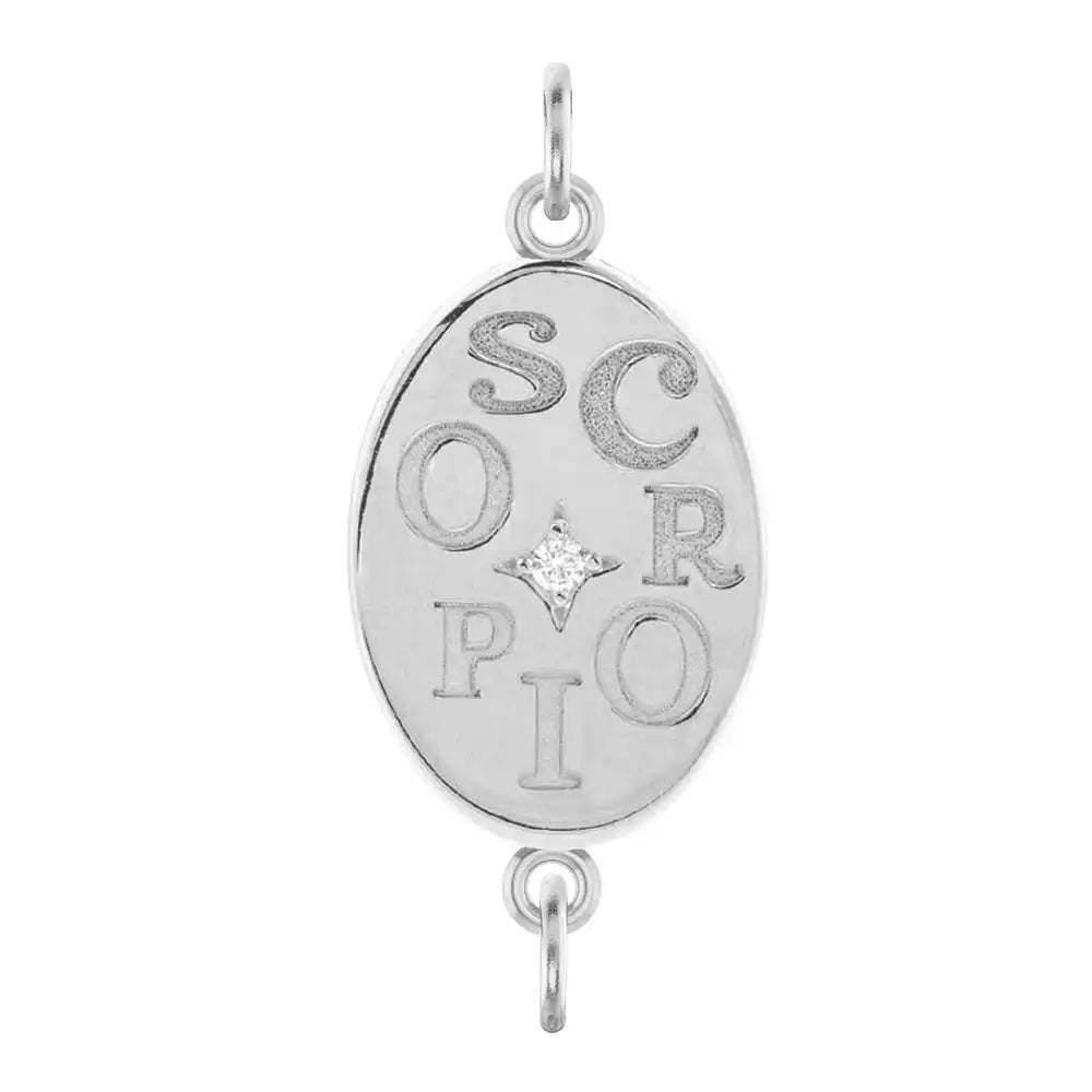 Handmade Scorpio engraved zodiac charm link in 14K white gold with diamond accent