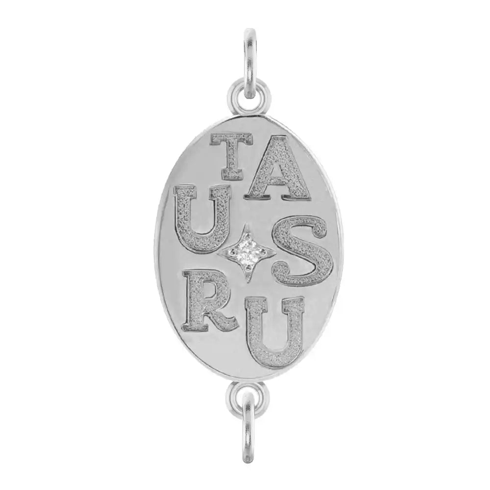 Handmade Taurus engraved zodiac charm link in 14K white gold with diamond accent