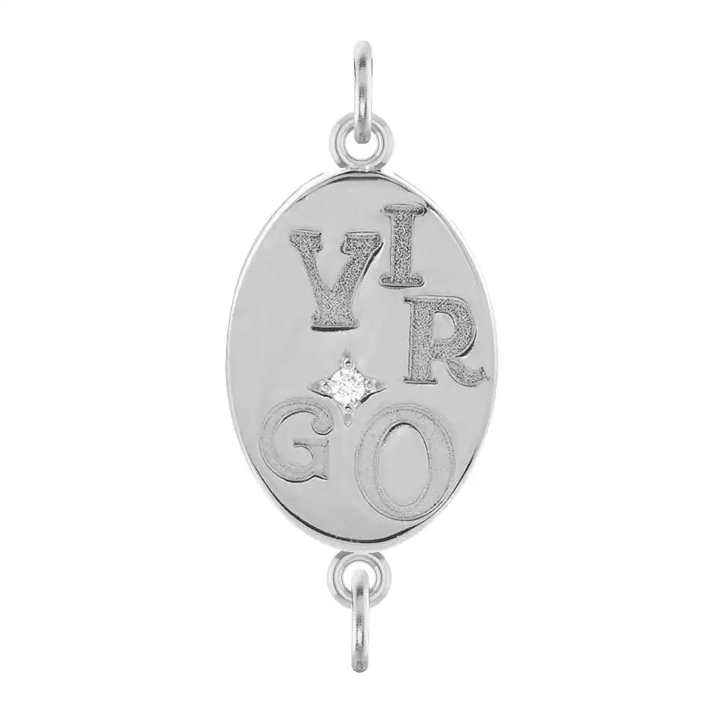 Handmade Virgo engraved zodiac charm link in 14K white gold with diamond accent