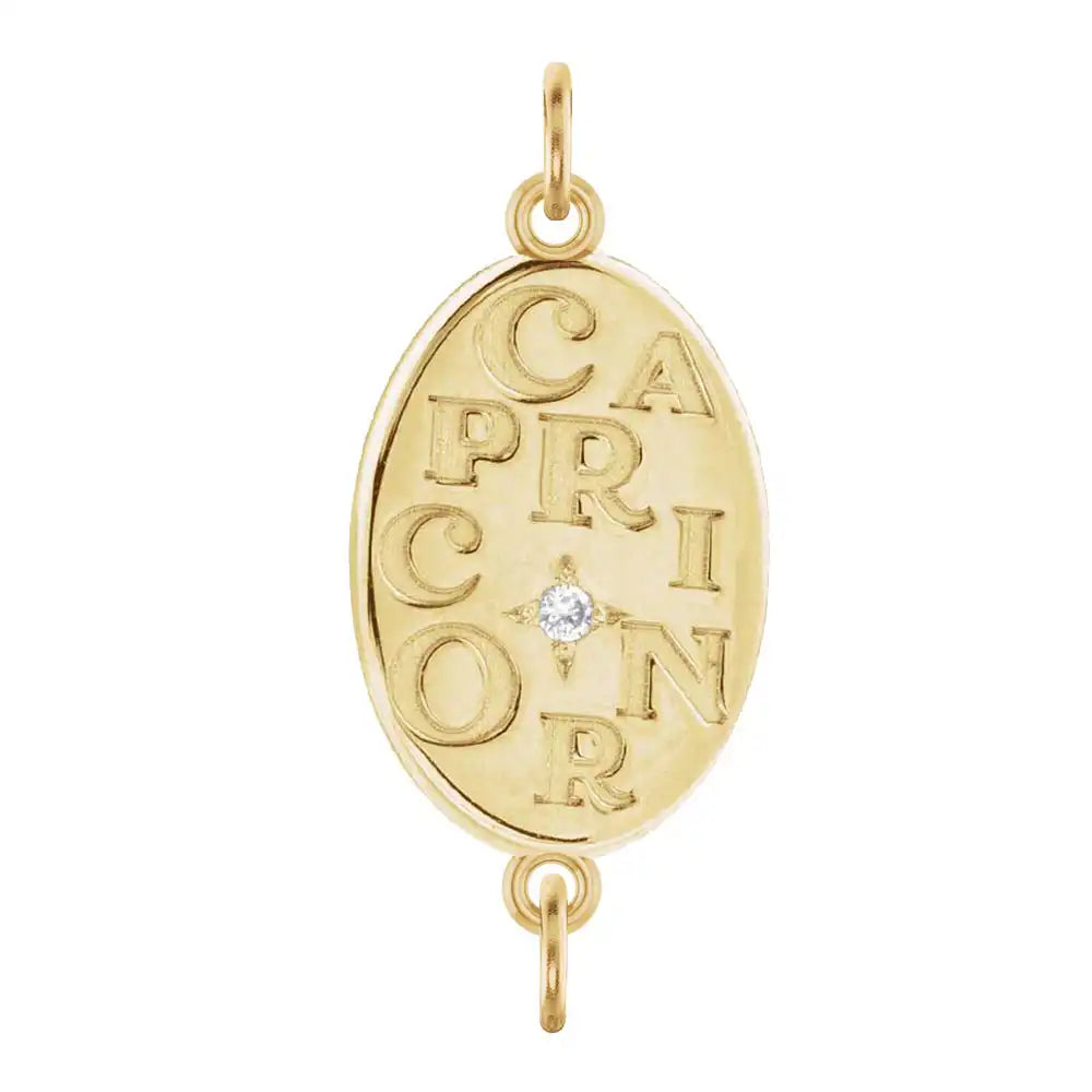 Handmade Capricorn engraved zodiac charm link in 14K yellow gold with diamond accent