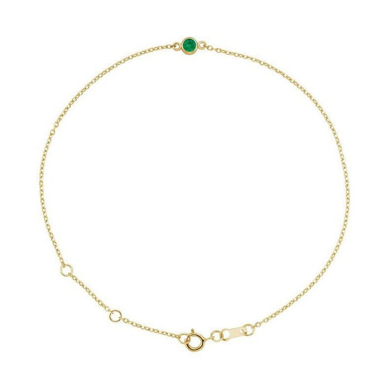 14K yellow gold Emerald bracelet featuring a bezel-set birthstone creating the most adorable birthstone bracelet
