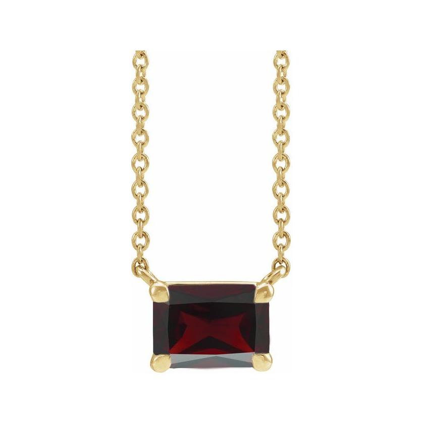 Emerald-cut garnet birthstone necklace set in 14K white gold with vertical minimalist pendant design