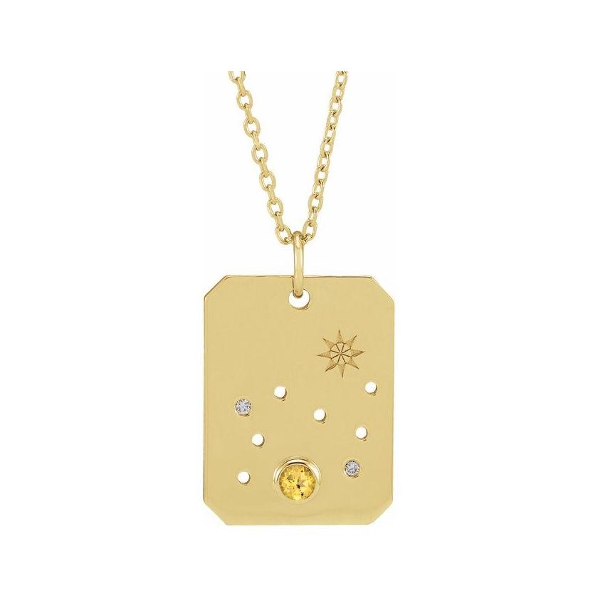 14K yellow gold Leo constellation necklace with diamonds and birthstone on gold chain(Jul-23---Aug-22) variant--Leo variant--14K-yellow-gold
