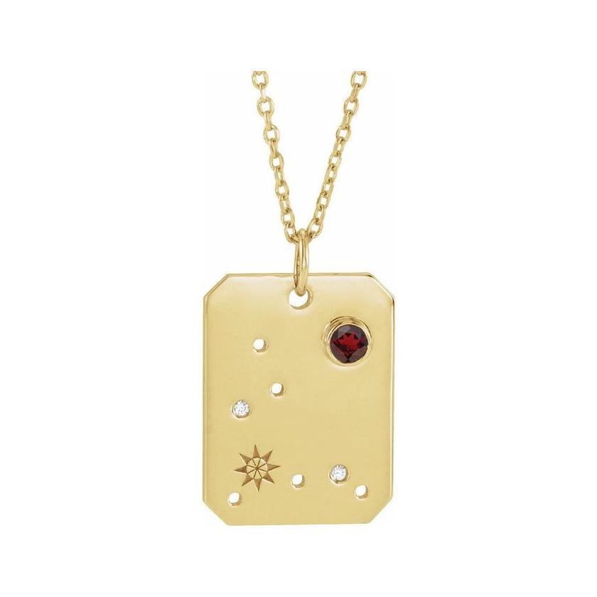 14K yellow gold Pisces constellation necklace with diamonds and birthstone on gold chain (Feb 19 - Mar 20)