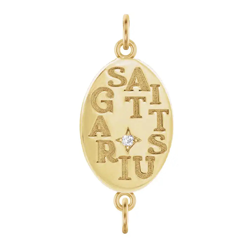 Handmade Sagittarius engraved zodiac charm link in 14K yellow gold with diamond accent