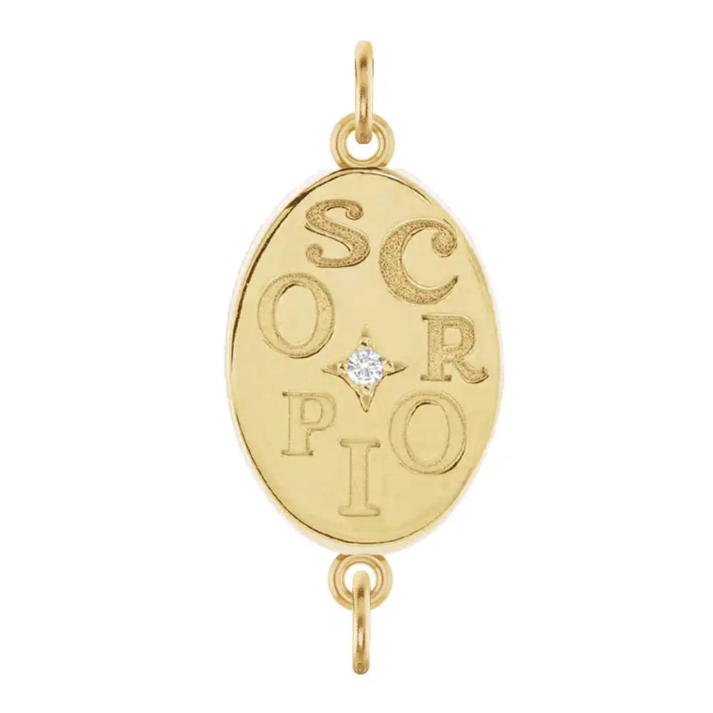 Handmade Scorpio engraved zodiac charm link in 14K yellow gold with diamond accent