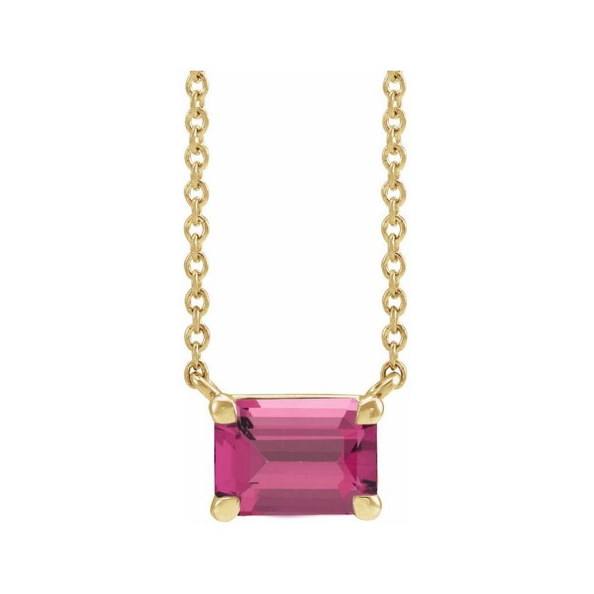 Modern 14K white gold necklace featuring vertical emerald-cut tourmaline gemstone for birth month elegance