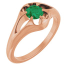 Emerald belcher-set cocktail ring in 14K rose gold, handmade with recycled gold and eco-friendly gemstones.