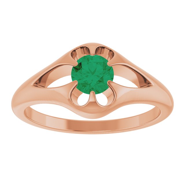 Emerald belcher-set cocktail ring in 14K rose gold, handmade with recycled gold and eco-friendly gemstones.