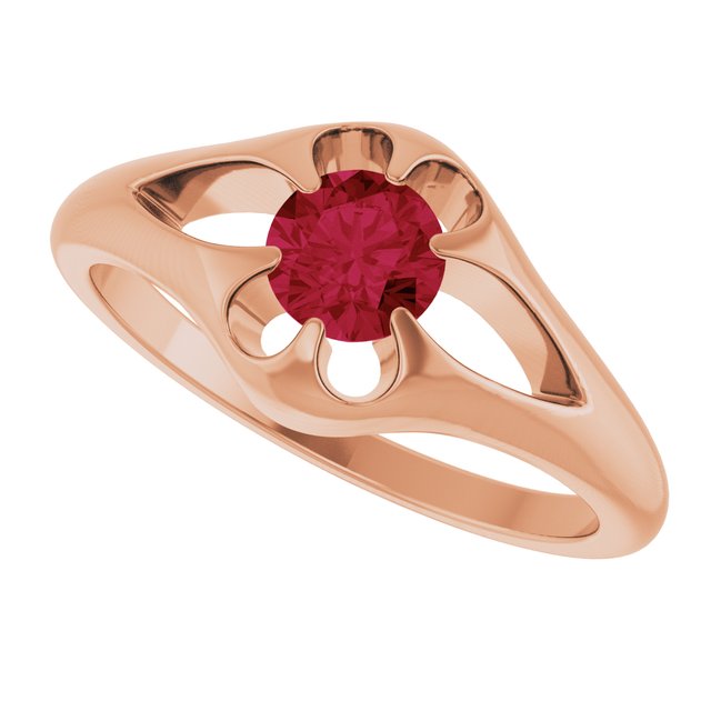 Ruby belcher-set cocktail ring in 14K rose gold, handmade with recycled gold and eco-friendly gemstones.