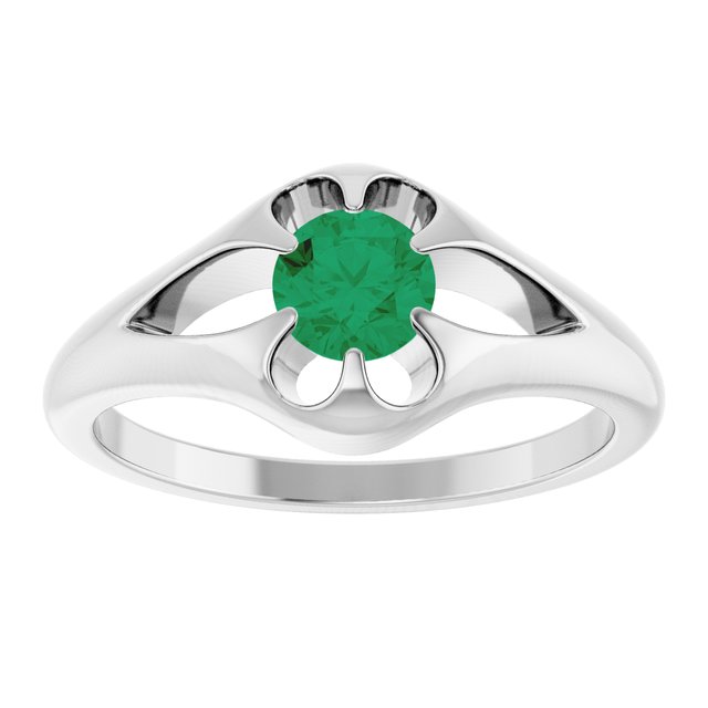 Emerald belcher-set cocktail ring in 14K white gold, handmade with recycled gold and eco-friendly gemstones.