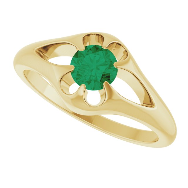 Emerald belcher-set cocktail ring in 14K yellow gold, handmade with recycled gold and eco-friendly gemstones.