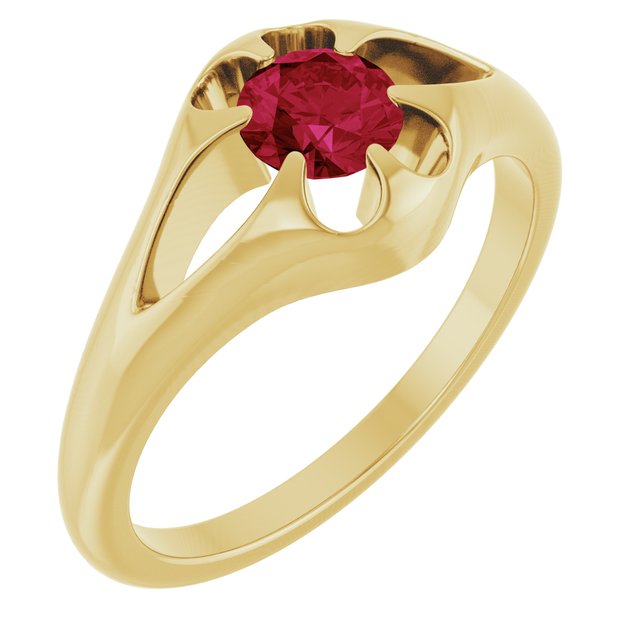 Ruby belcher-set cocktail ring in 14K yellow gold, handmade with recycled gold and eco-friendly gemstones.