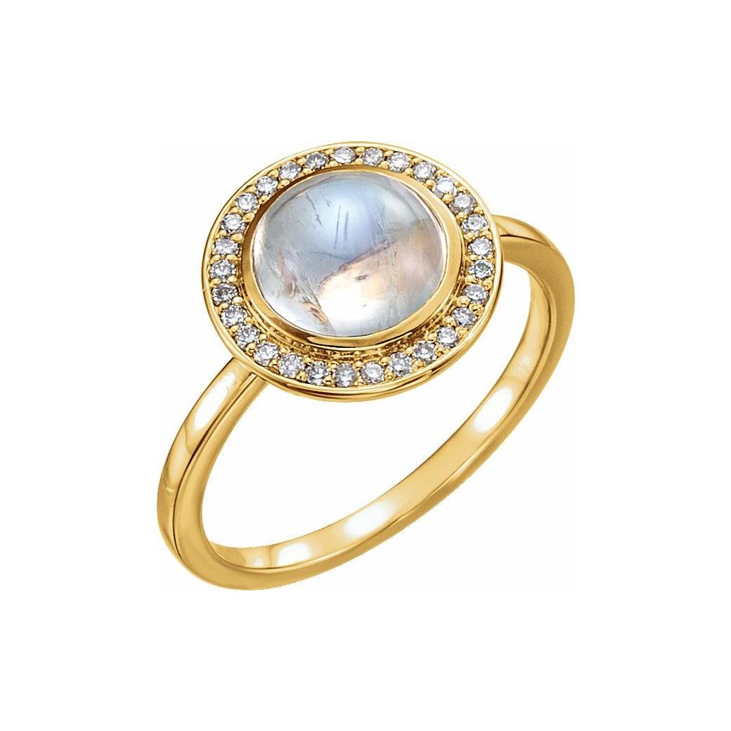 Moonstone cocktail ring in 14K yellow gold with diamond halo, front view yellow gold variant--14K-yellow-gold