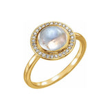 Moonstone cocktail ring in 14K yellow gold with diamond halo, front view yellow gold variant--14K-yellow-gold
