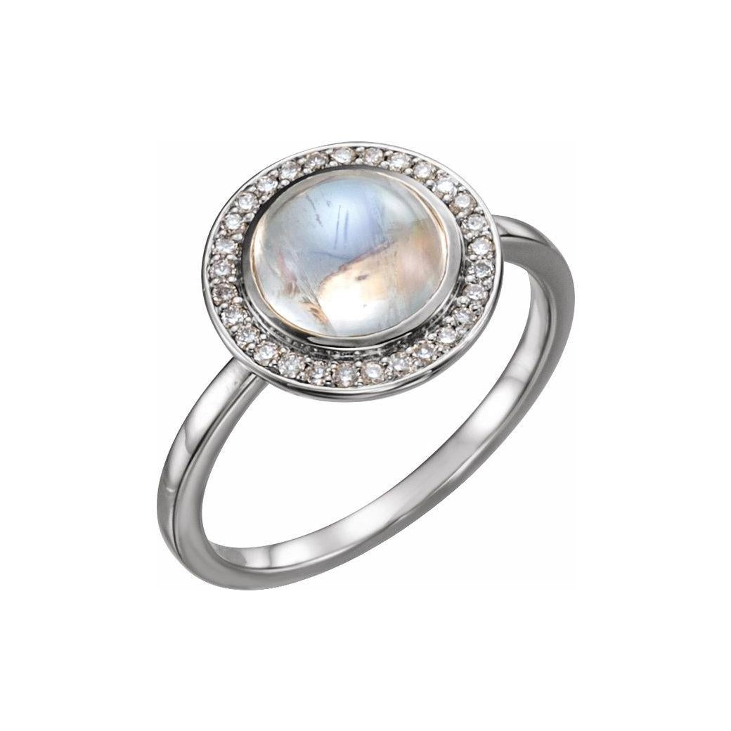 Moonstone cocktail ring in 14K white gold with diamond halo, side view white gold variant--14K-white-gold