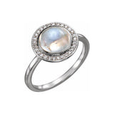 Moonstone cocktail ring in 14K white gold with diamond halo, side view white gold variant--14K-white-gold