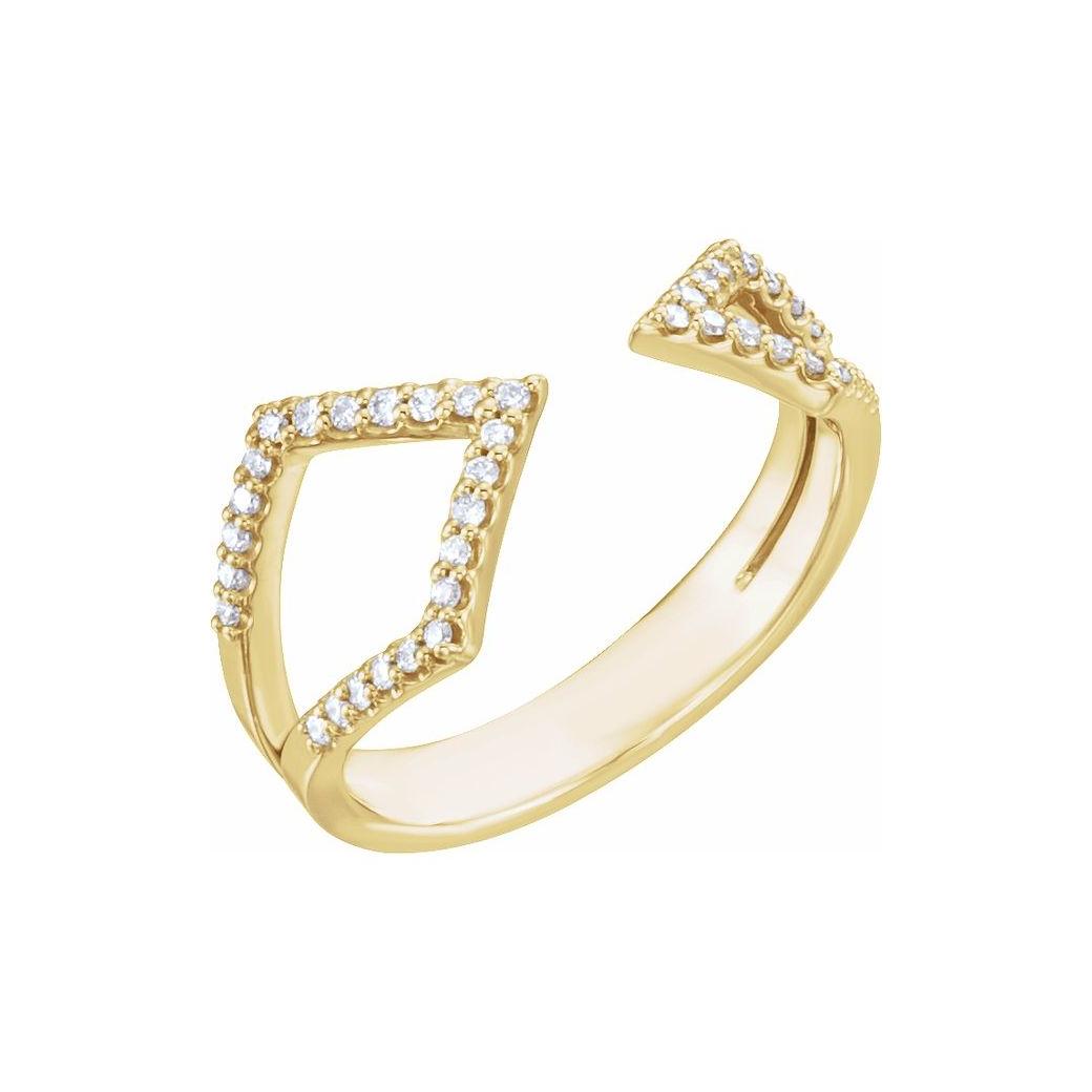 Geometric diamond bypass ring in 14K gold, side angle showing crossover detail yellow gold variant--14K-yellow-gold