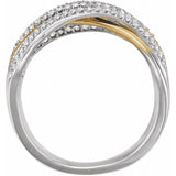 14K gold pave diamond swirl ring, side angle showing band profile white/yellow/yellow variant--14K-white/yellow