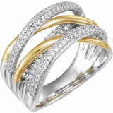 14K gold pave diamond swirl ring, front view showing criss-cross design white/yellow/yellow variant--14K-white/yellow