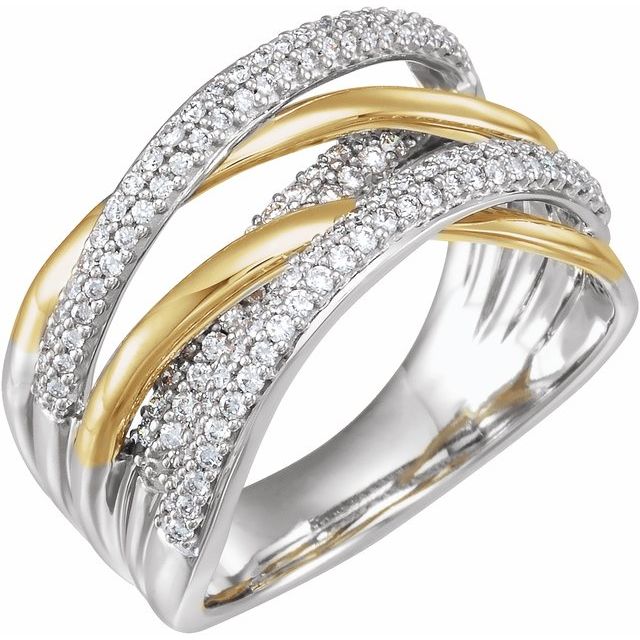 14K gold pave diamond swirl ring, front view showing criss-cross design white/yellow/yellow variant--14K-white/yellow