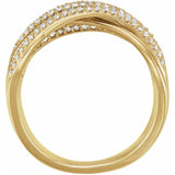 Pave diamond swirl ring detail showing diamond ribbon setting yellow gold variant--14K-yellow-gold