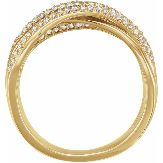 Pave diamond swirl ring detail showing diamond ribbon setting yellow gold variant--14K-yellow-gold