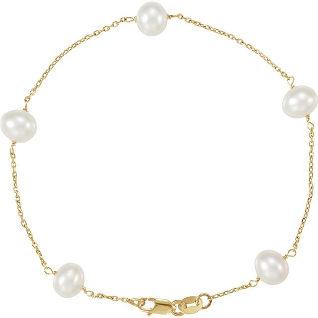 Pearl station bracelet in 14K gold with five luminous pearls, front view
