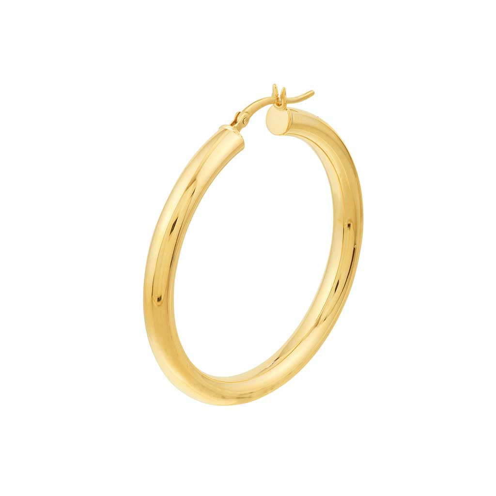 Flat lay of polished 4mm wide gold tube hoop earrings variant--14K-yellow-gold variant--40mm