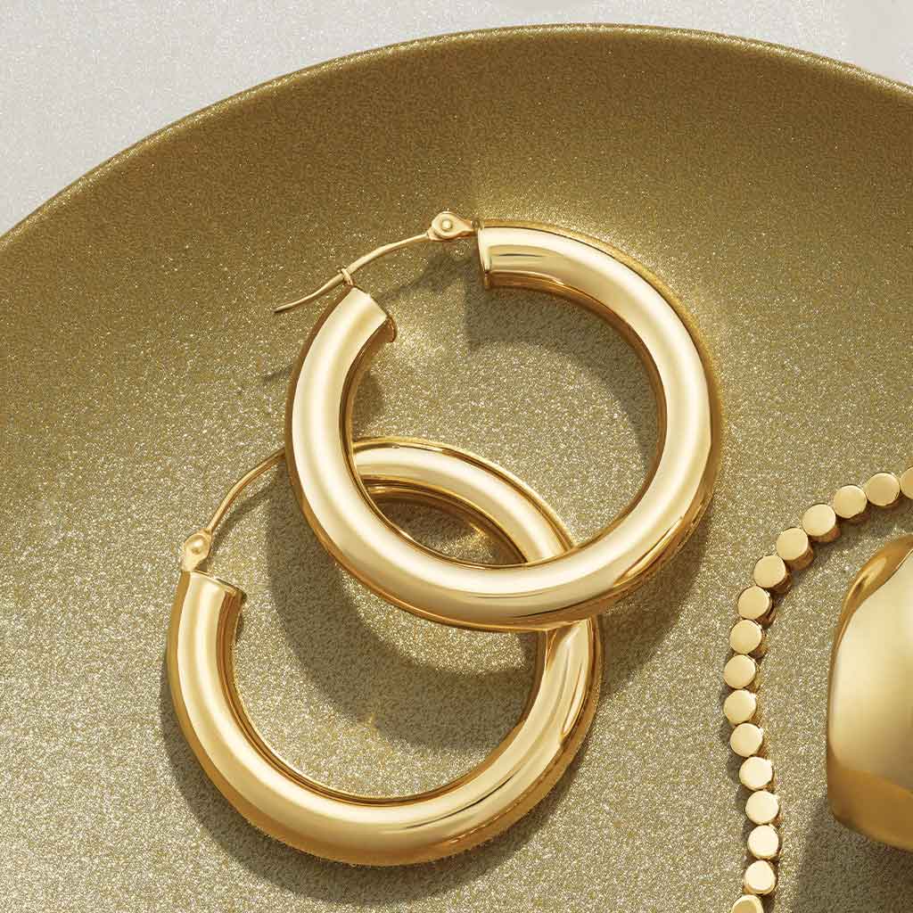 4mm wide tube hoop earrings in polished 14K gold