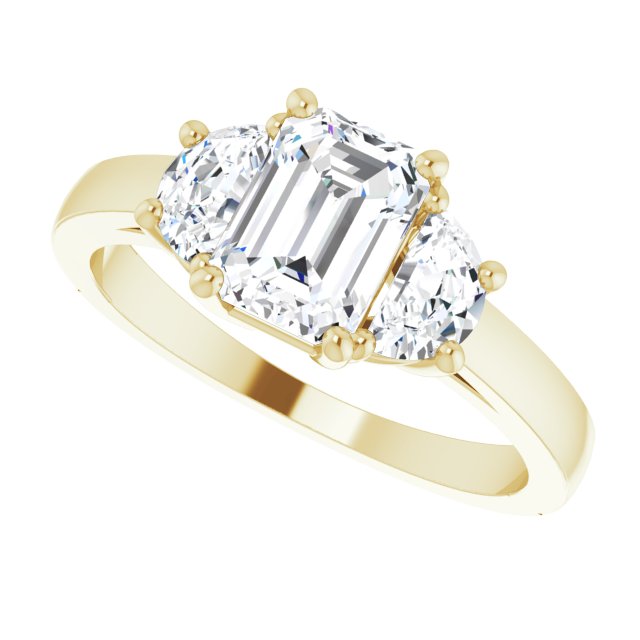Three-stone half-moon engagement ring in 14K gold, diamond center, front view variant--Emerald variant--1CT variant--14K-yellow-gold