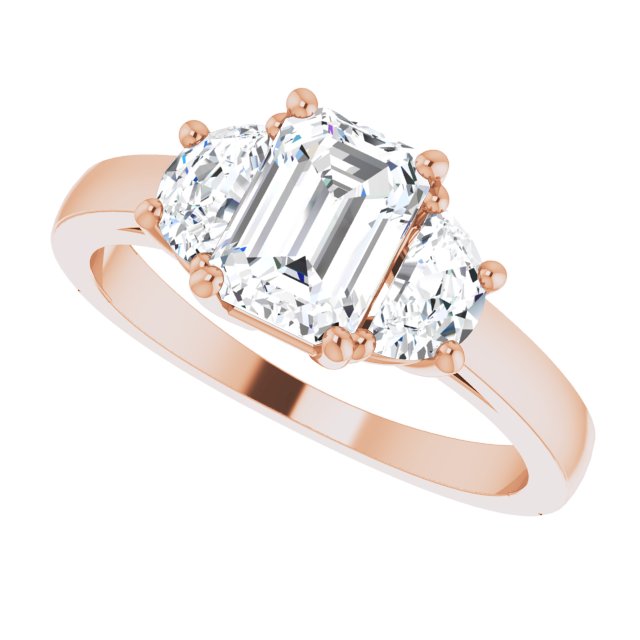 Three-stone half-moon engagement ring in 14K gold, diamond center, side profile variant--Emerald variant--1CT variant--14K-rose-gold