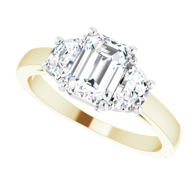 Three-stone half-moon engagement ring in 14K gold, diamond center, close-up of half-moon stones/white-gold/white-gold variant--Emerald variant--1CT variant--14K-yellow/white-gold