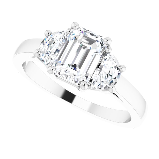 Three-stone half-moon engagement ring in 14K gold, diamond center, in packaging variant--Emerald variant--1CT variant--14K-white-gold