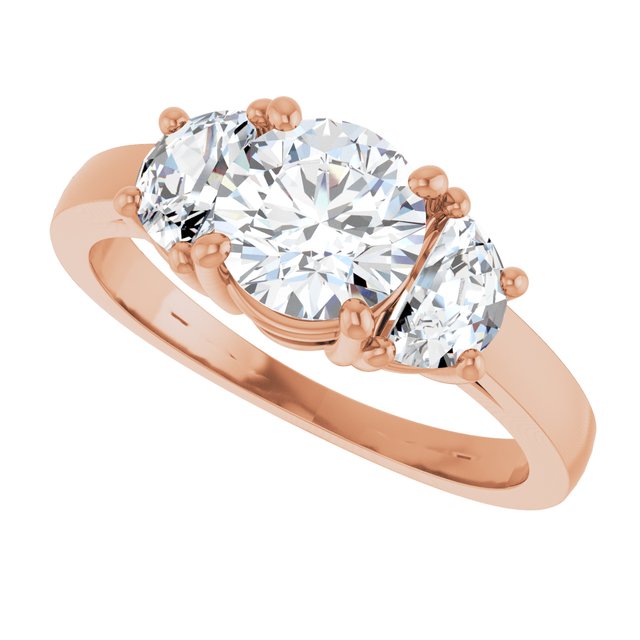Three-stone half-moon engagement ring in 14K gold, diamond center, side profile variant--Round variant--1CT variant--14K-rose-gold
