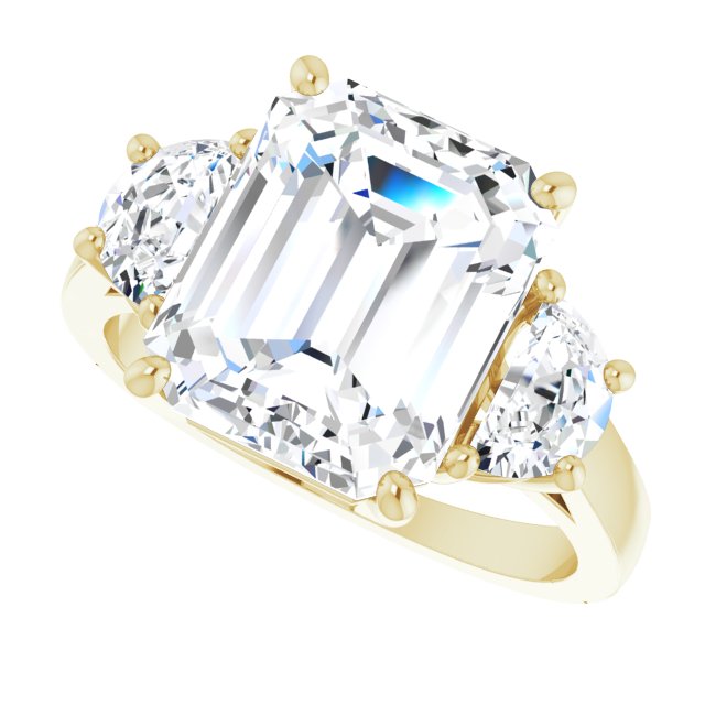 Three-stone half-moon engagement ring in 14K gold, diamond center, front view variant--Emerald variant--5CT variant--14K-yellow-gold
