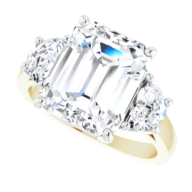 Three-stone half-moon engagement ring in 14K gold, diamond center, close-up of half-moon stones/white-gold/white-gold variant--Emerald variant--5CT variant--14K-yellow/white-gold