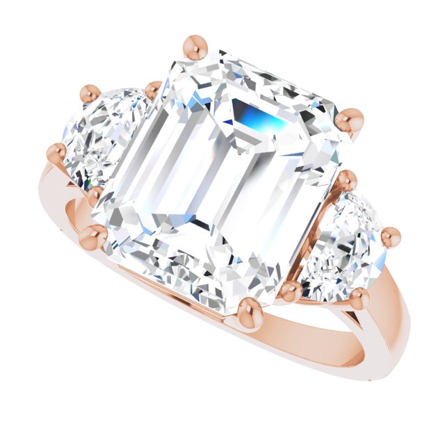 Three-stone half-moon engagement ring in 14K gold, diamond center, side profile variant--Emerald variant--5CT variant--14K-rose-gold