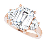 Three-stone half-moon engagement ring in 14K gold, diamond center, front view variant--Emerald variant--4CT variant--14K-rose-gold