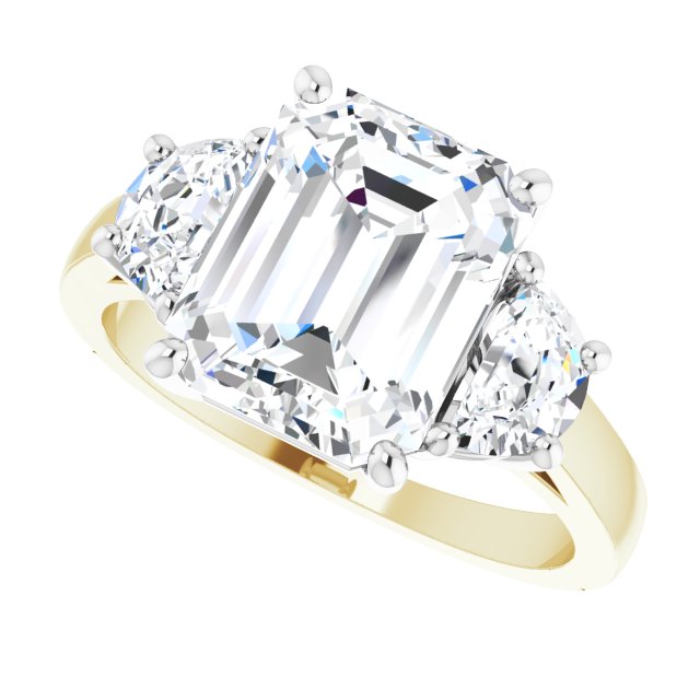 Three-stone half-moon engagement ring in 14K gold, diamond center, close-up of half-moon stones/white-gold/white-gold variant--Emerald variant--4CT variant--14K-yellow/white-gold