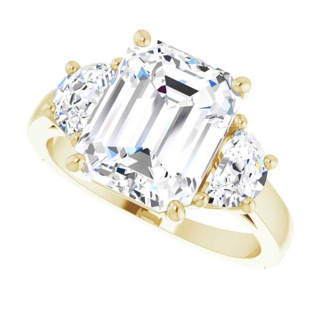 Three-stone half-moon engagement ring in 14K gold, diamond center, in packaging variant--Emerald variant--4CT variant--14K-yellow-gold