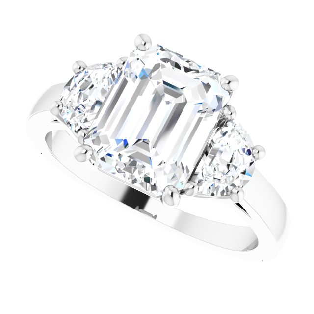 Three-stone half-moon engagement ring in 14K gold, diamond center, in packaging variant--Emerald variant--3CT variant--14K-white-gold