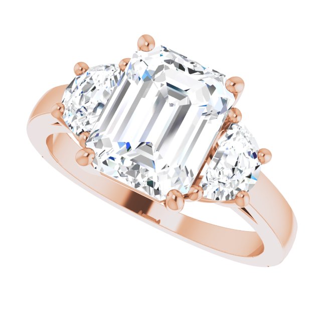 Three-stone half-moon engagement ring in 14K gold, diamond center, side profile variant--Emerald variant--3CT variant--14K-rose-gold