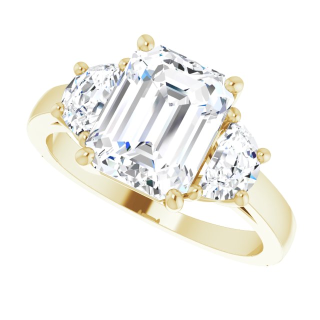 Three-stone half-moon engagement ring in 14K gold, diamond center, front view variant--Emerald variant--3CT variant--14K-yellow-gold