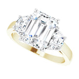 Three-stone half-moon engagement ring in 14K gold, diamond center, close-up of half-moon stones/white-gold/white-gold variant--Emerald variant--3CT variant--14K-yellow/white-gold